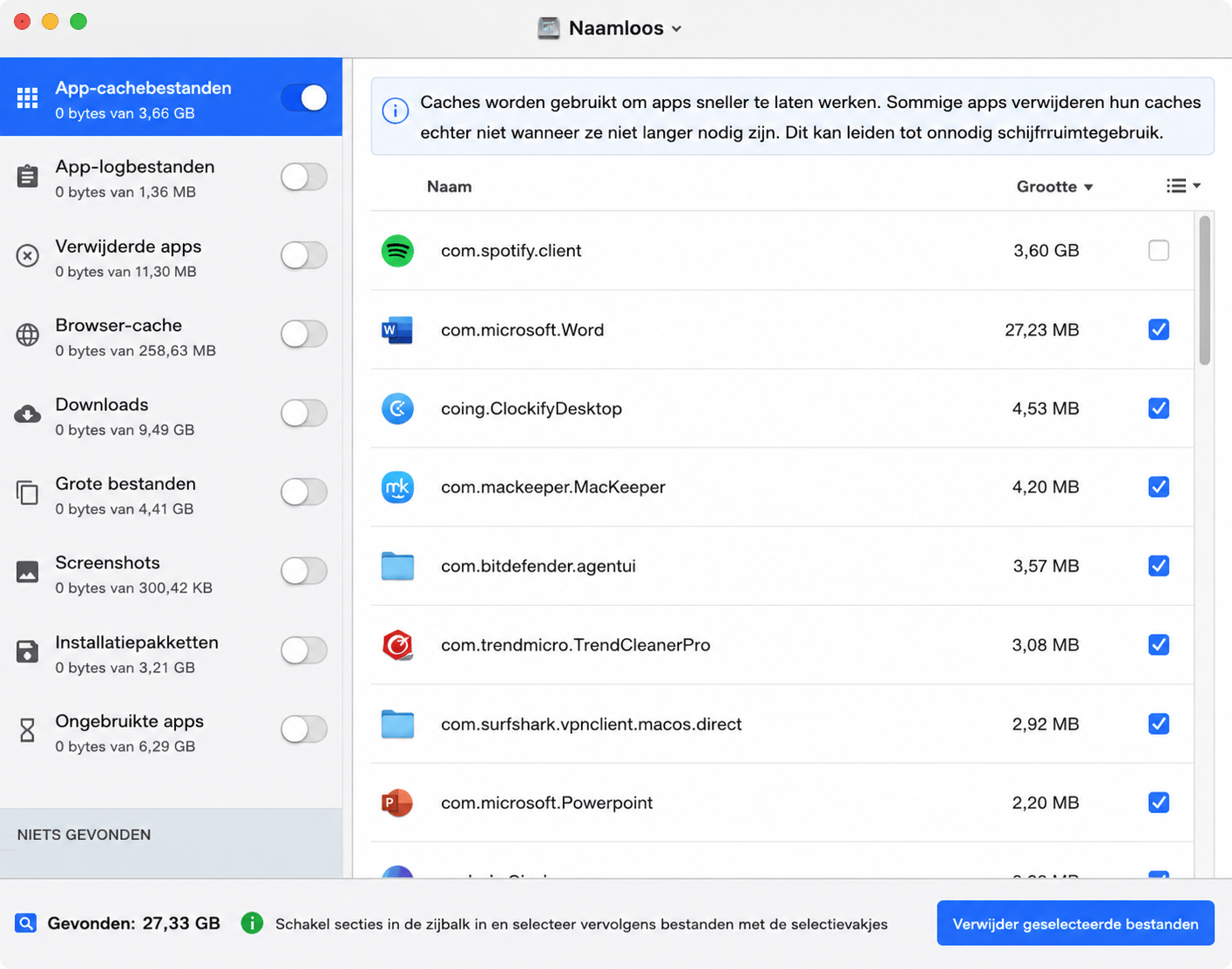 Het scanresultaat van Disk Doctor Pro toont nu appcaches, logbestanden, restbestanden en diverse andere categorieën onnodige bestanden die ruimte op je Mac innemen en kunnen worden verwijderd.
