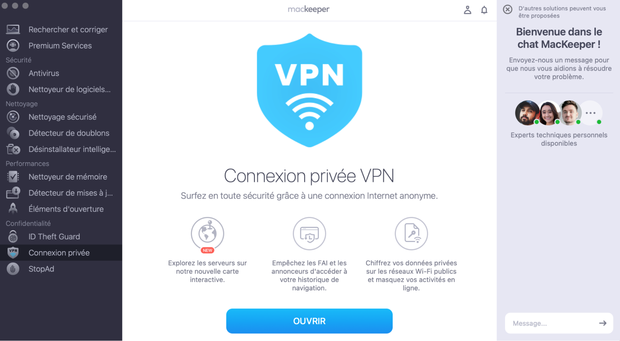 Cliquez sur l’onglet Connexion privée dans l’application MacKeeper, situé dans le menu de gauche. Vous aurez alors accès au VPN de MacKeeper, qui vous permettra de naviguer en ligne en toute confidentialité et sécurité.