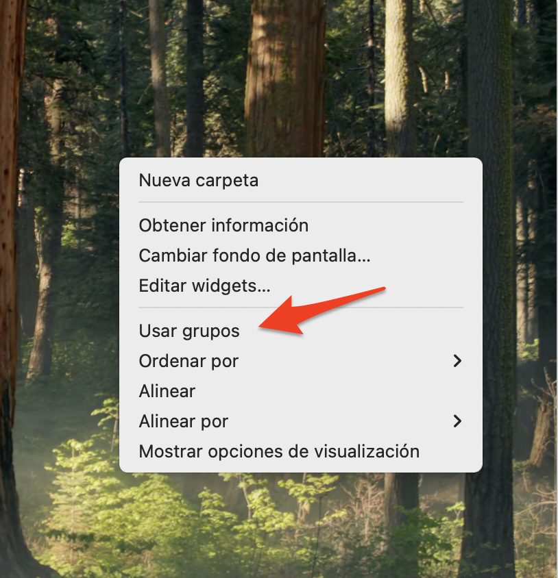 macOS Monterey muestra el menú que aparece al hacer clic con el botón derecho del ratón en el escritorio. Selecciona «Usar grupos» para organizar todos los archivos en grupos ordenados.
