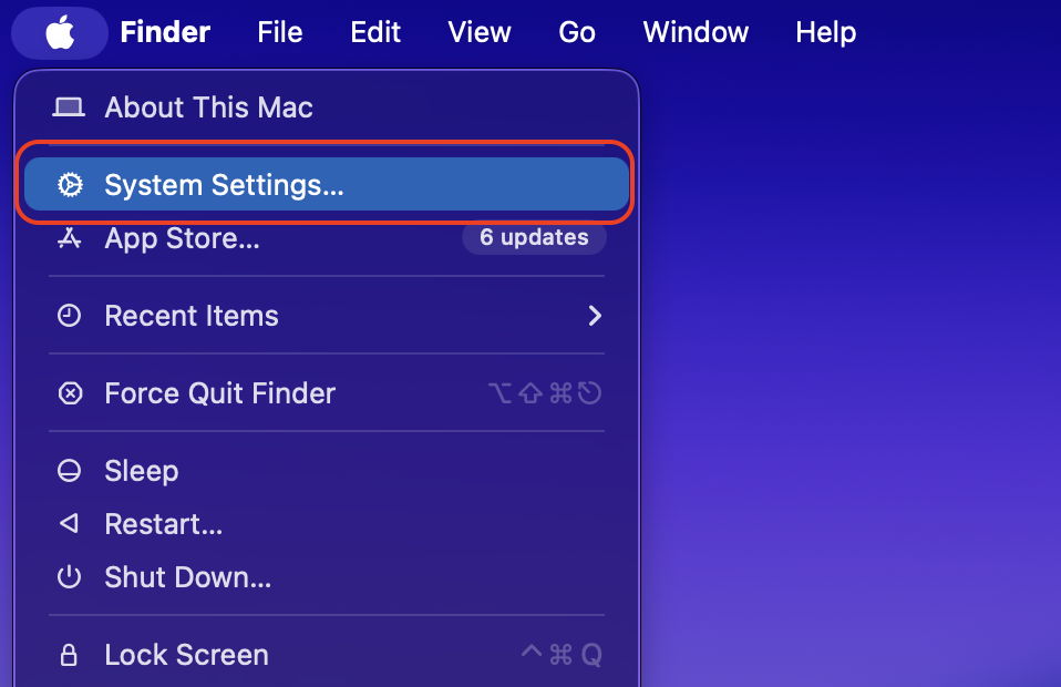To start updating your macOS and resolve mdworker high CPU usage, click the Apple menu in the top-left corner of your screen and select System Settings.