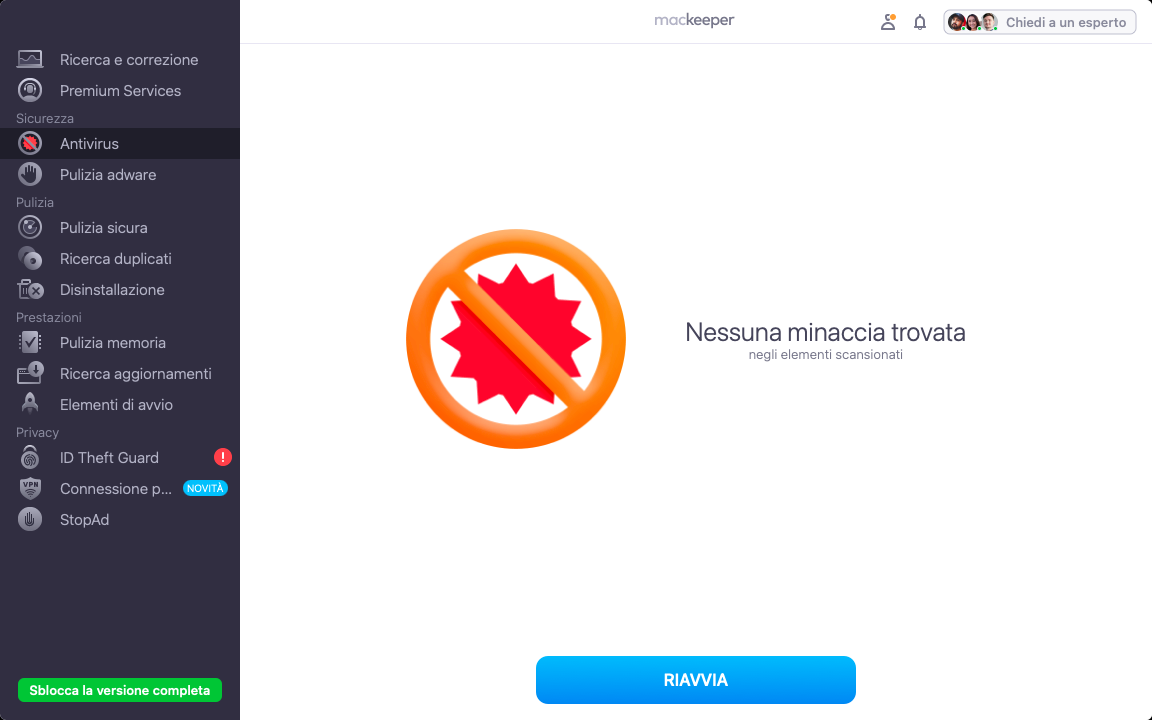 Se MacKeeper trova un malware, è sufficiente selezionarlo dall'elenco e fare clic sul pulsante Elimina per avviare il processo di rimozione.