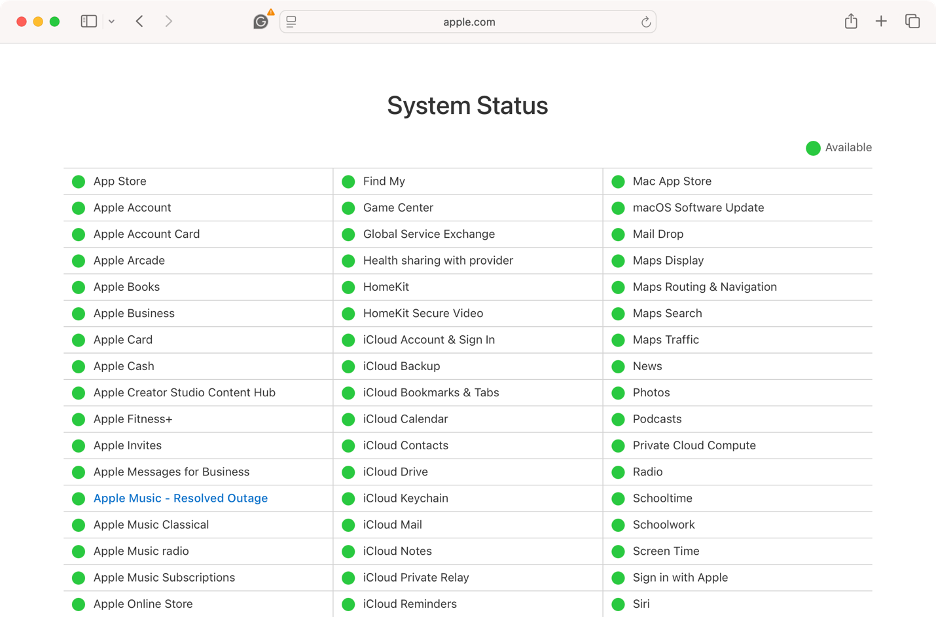 To fix the installer information on the recovery server is damaged error on Mac, open Safari, go to Apple’s System Status page, then check the status of all Apple services.