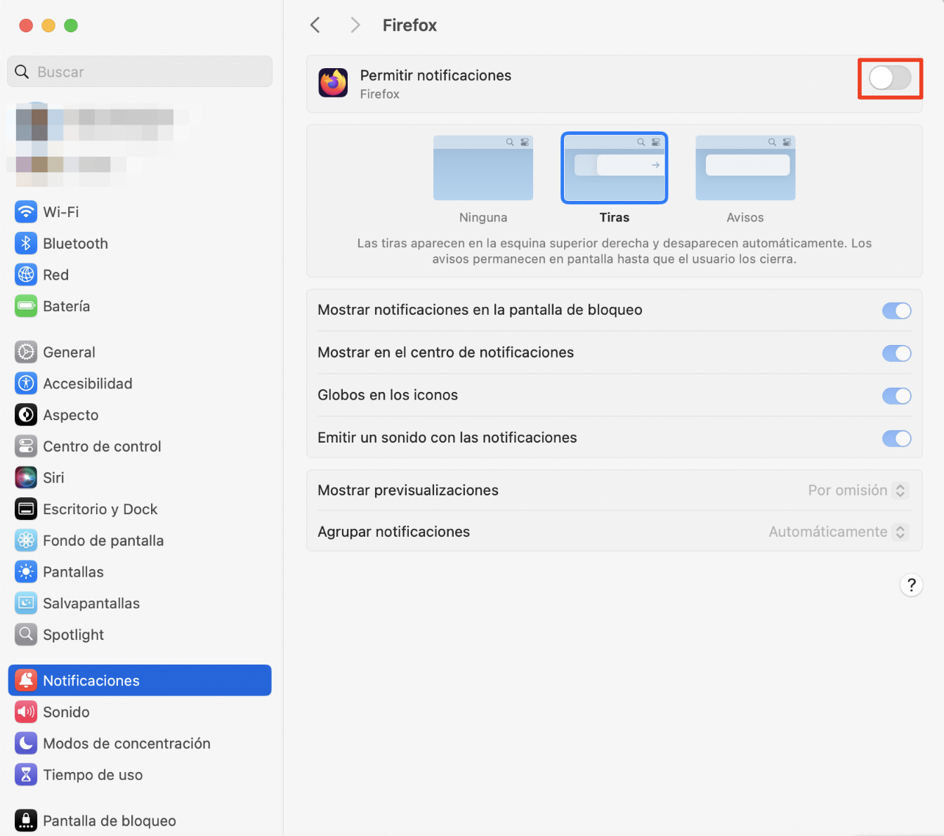 Ajustes de Notificaciones de Apple, con opciones para Firefox visibles. Cómo desactivar las notificaciones de McAfee en Mac, parte de las preguntas frecuentes sobre las ventanas emergentes falsas de McAfee en Mac.