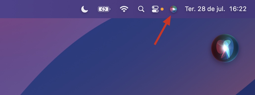 Ícone da Siri na barra de menus do macOS. Clique nele e solicite à Siri para abrir a pasta Aplicativos.