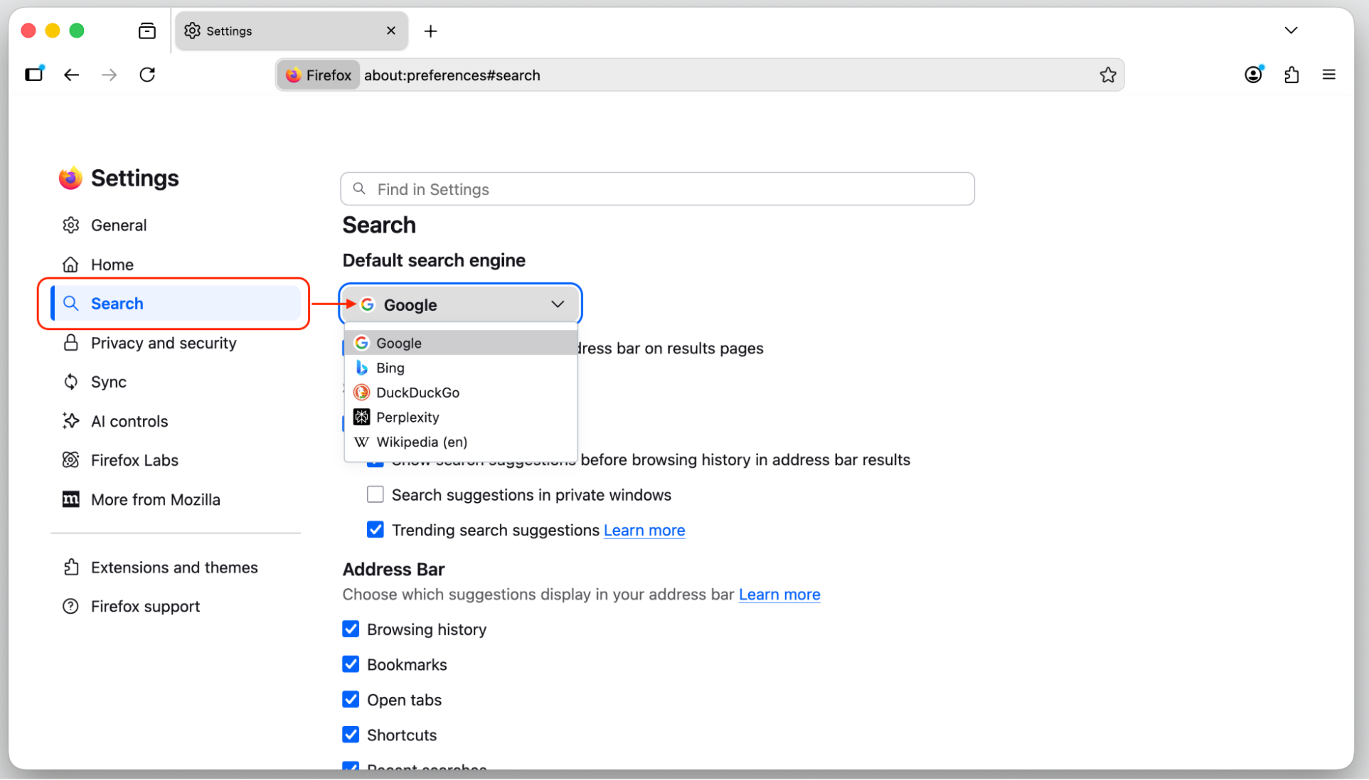 Firefox Settings Search tab on macOS with the Default search engine drop-down open to reset the engine changed by Chromium malware.