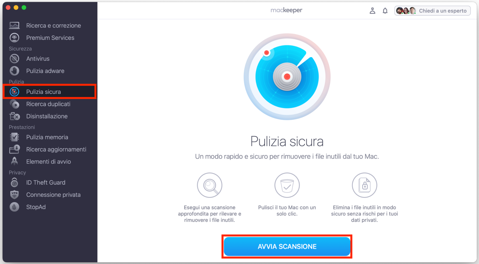 MacKeeper su Mac mostra lo strumento Pulizia Sicura. Fai clic su Avvia scansione per trovare tutti i file della cache del browser presenti sul sistema.