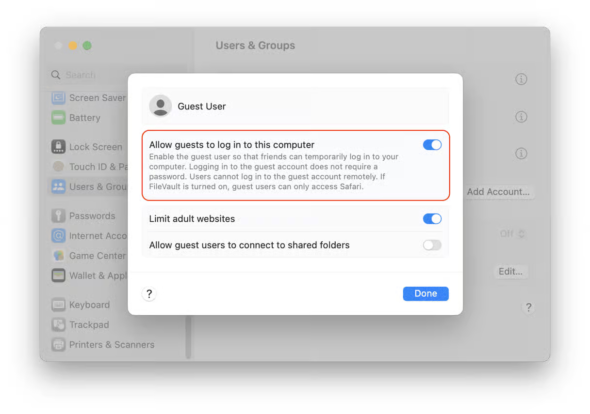 Users & Groups settings are open on a Mac. Toggle on the option to Allow guests to log in to this computer to activate a guest account.