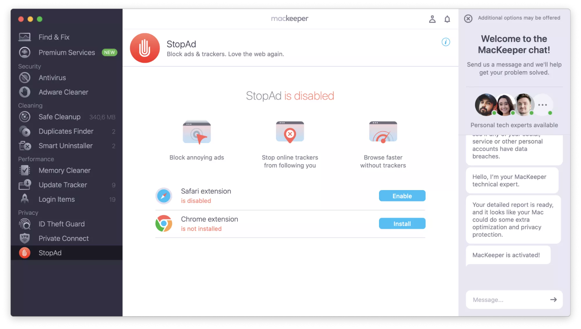 Go back to MacKeeper and click Turn On. MacKeeper’s StopAd tool helps block online threats in your Mac browser since FileVault doesn’t.