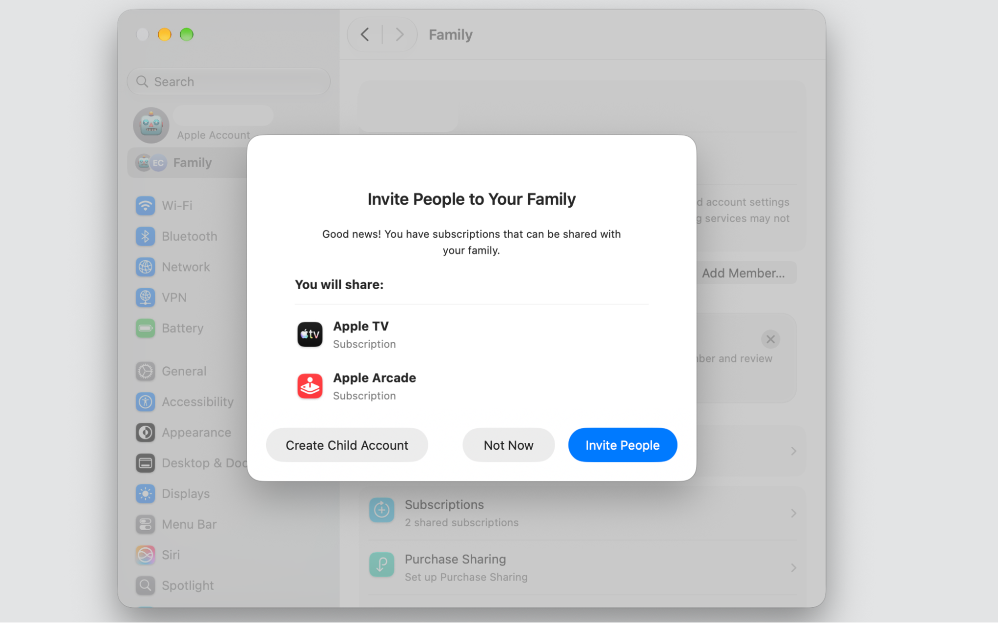 Invite People to Your Family dialog in Mac System Settings, showing shared subscriptions and the Invite People button for iCloud storage.