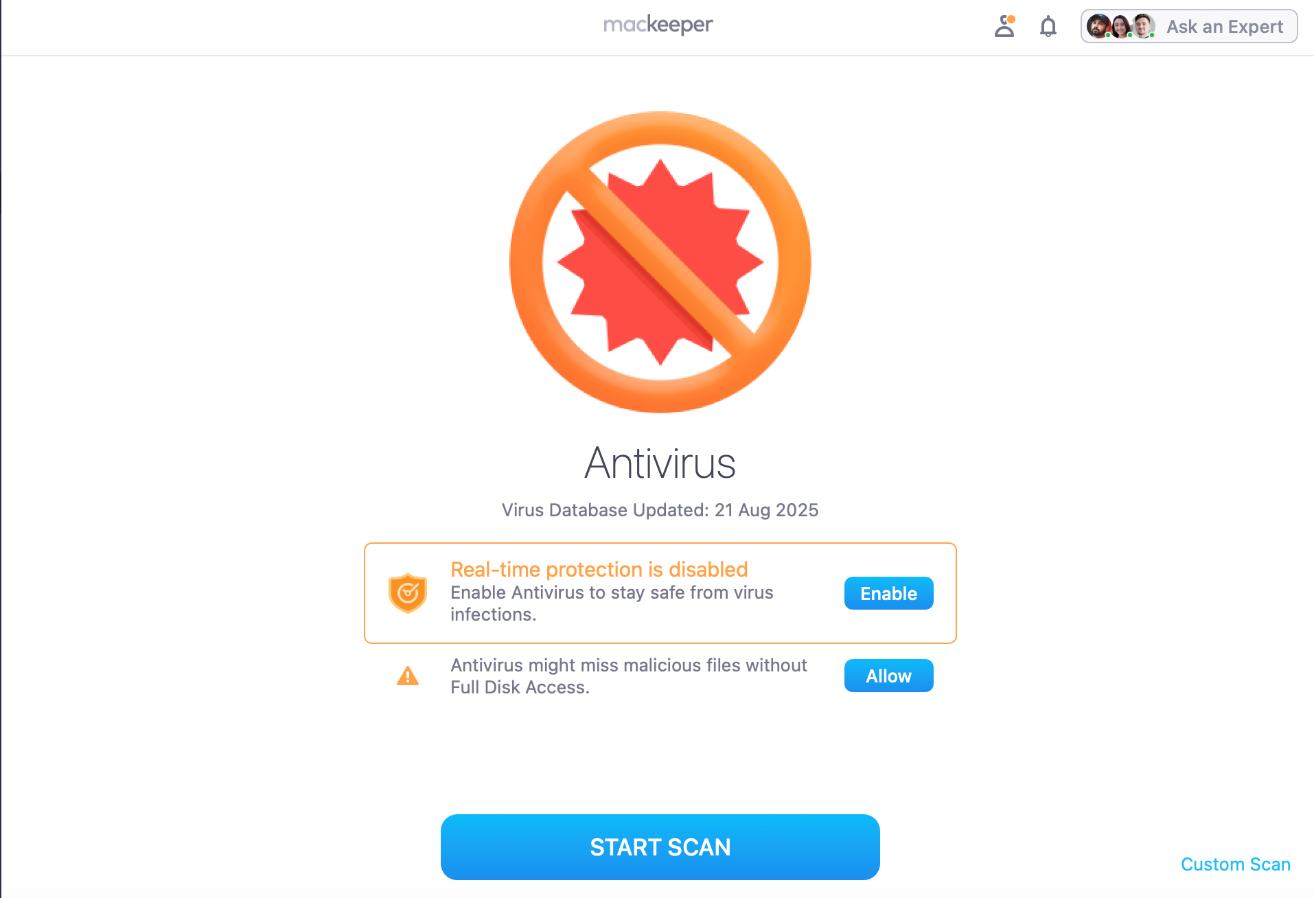 To keep your device secure, as you double-click to open your personal files, first you’ll need to open the MacKeeper app and navigate to the Antivirus tool. Once opened, you’ll need to enable real-time Protection and then Allow Full Disk Access.