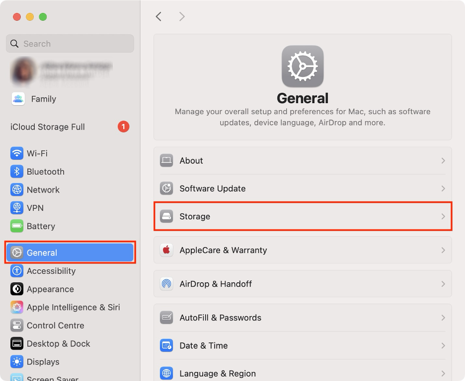To declutter your Mac, go to System Settings, click General from the left sidebar, then choose Storage.