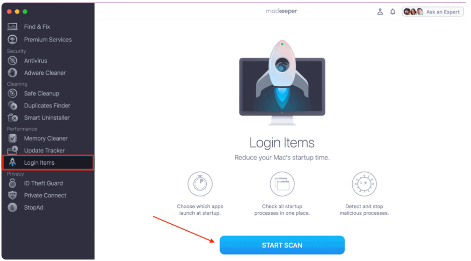 To improve your Mac’s startup process, launch MacKeeper’s Login Items and click Start Scan.