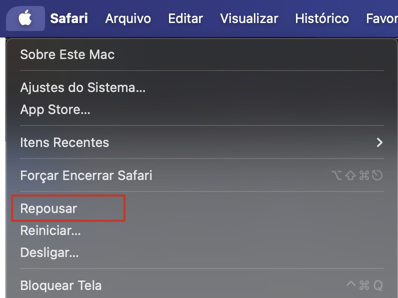 Clique no menu da Apple e selecione a opção Repousar no menu suspenso.