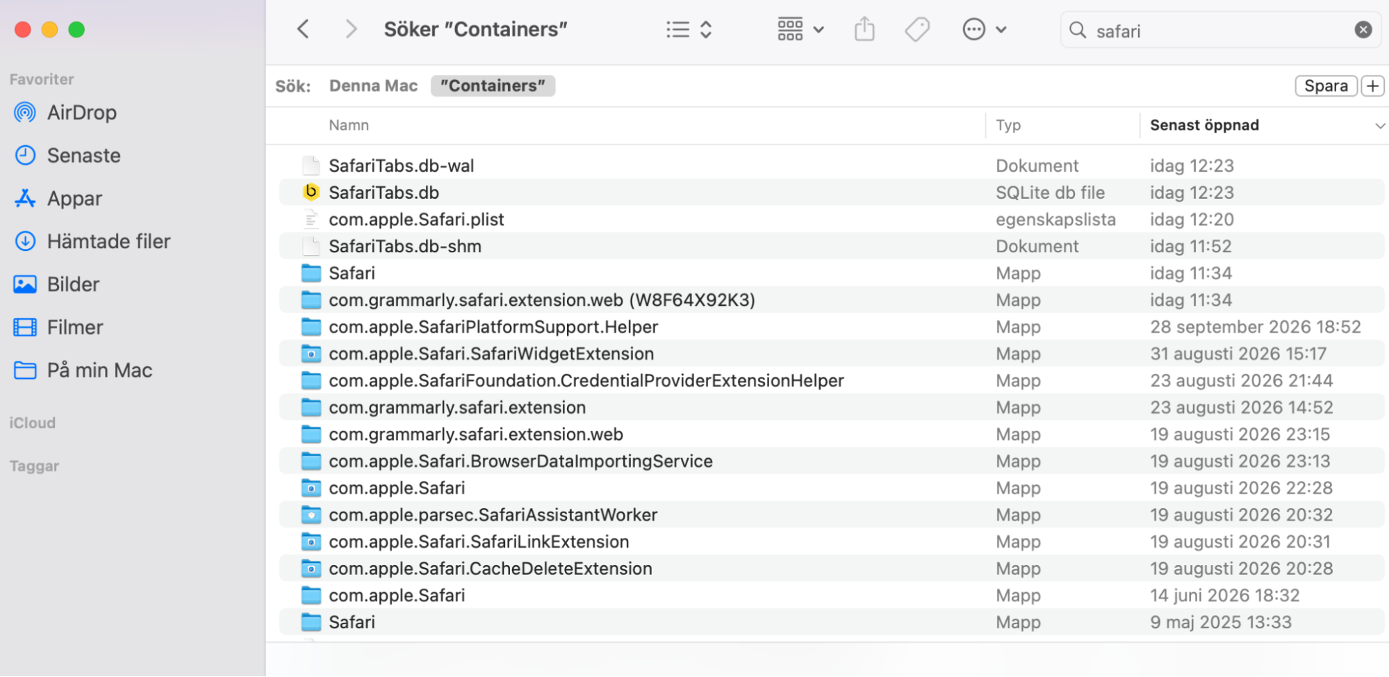 För att slutföra återställningen av Safari går du till mappen Containers i din Library-mapp och söker efter allt relaterat till Safari. Ta bort alltihop.