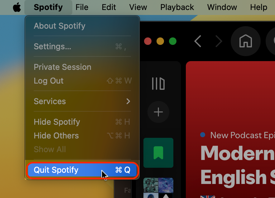 Spotify menu bar dropdown open on macOS Sonoma showing the Quit Spotify option highlighted to close the app before uninstalling.
