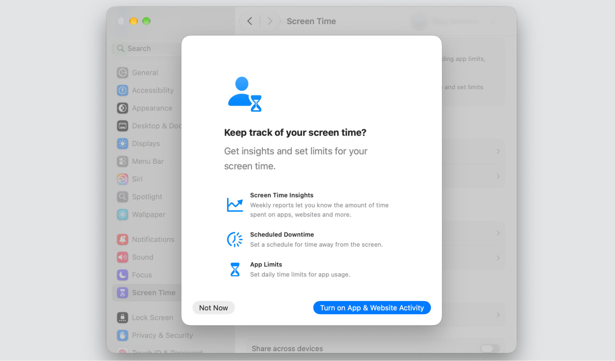 Screen Time setup dialog on a Mac prompting to turn on App & Website Activity for insights, scheduled downtime, and app limits in macOS.
