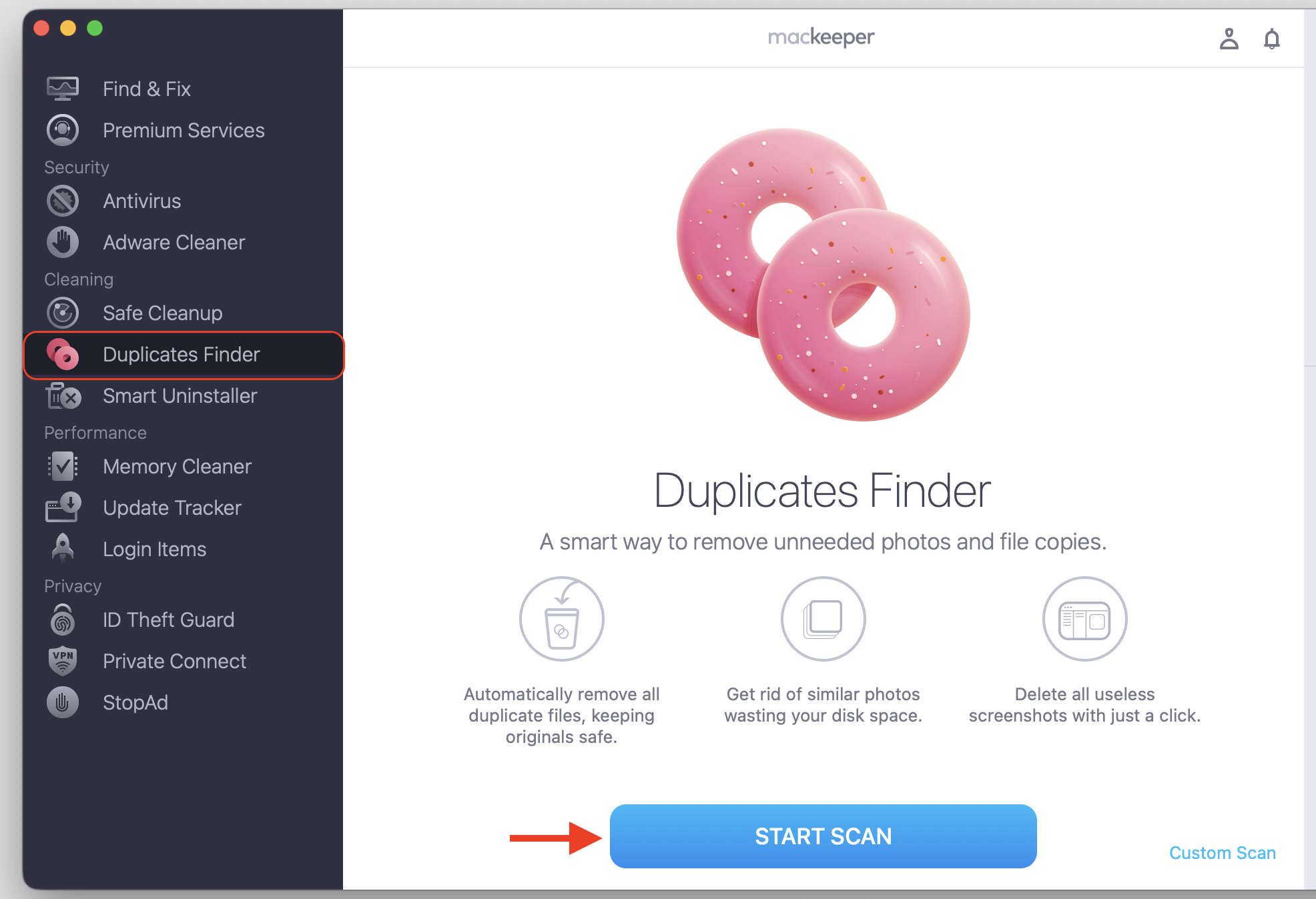 MacKeeper's Duplicate Finder window on macOS, where you click Start Scan to clear duplicate files before starting file sharing on your Mac.