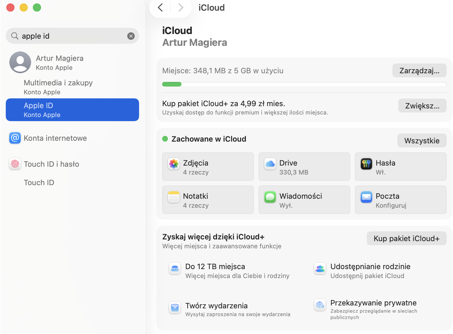 Menu iCloud w Ustawieniach systemowych na Macu. Upewnij się, że Optymalizuj dysk Maca jest włączone w Drive, aby zwolnić miejsce na Macu.