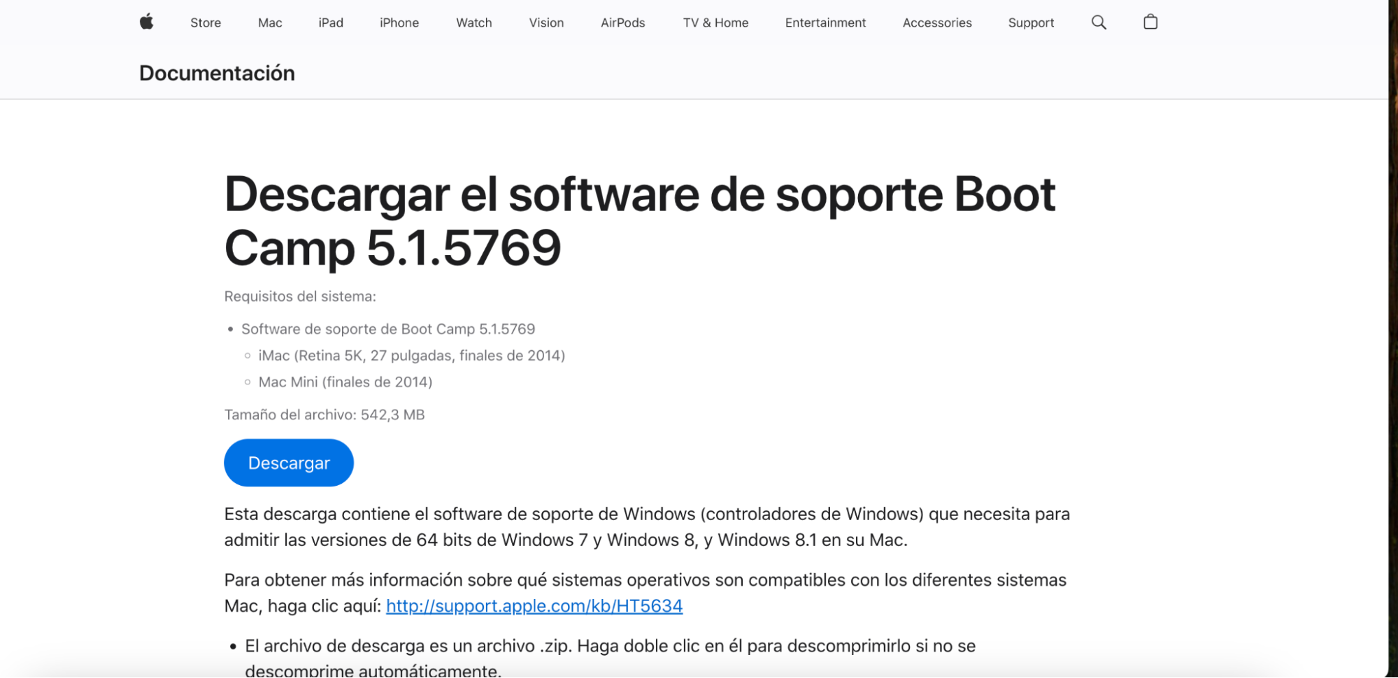 Descarga el software de soporte Boot Camp desde la página oficial de Apple.