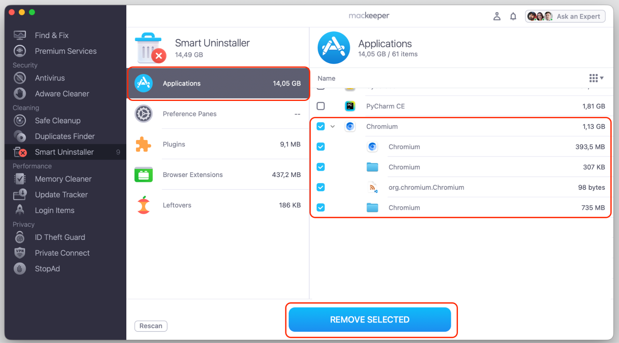 MacKeeper's Smart Uninstaller scan results on macOS list the Chromium browser selected with the Remove Selected button as the step to confirm the deletion.