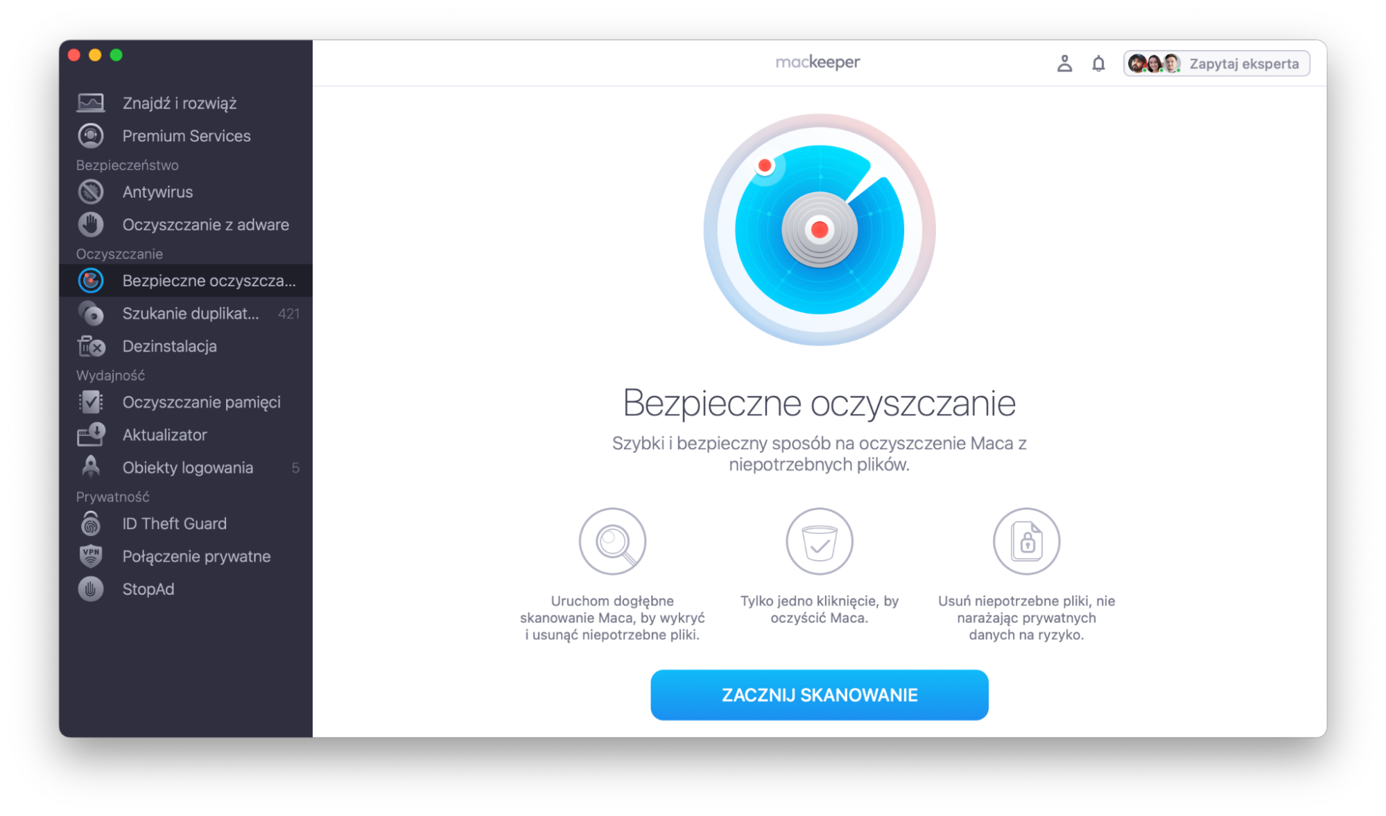 Aby usunąć zbędne pliki i przyspieszyć działanie swojego Maca, użyj funkcji Bezpieczne oczyszczanie w MacKeeper. Uruchom MacKeeper, przejdź do Bezpieczne oczyszczanie i kliknij Zacznij skanowanie.