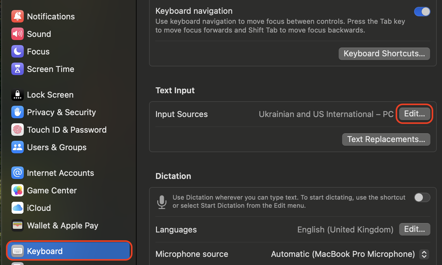 Open System Settings on your Mac, go to Keyboard, and click the Edit button under Input Sources to access text input and auto-capitalization options.