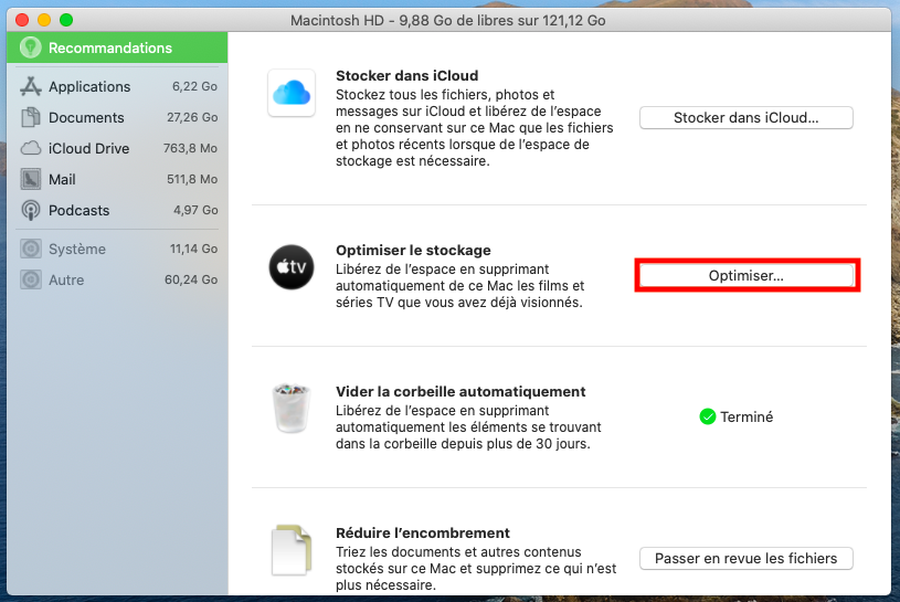 Pour utiliser l'outil Optimiser le stockage sur votre Mac, rendez-vous dans Recommandations, comme décrit ci-dessus. Cliquez sur le bouton Optimiser.