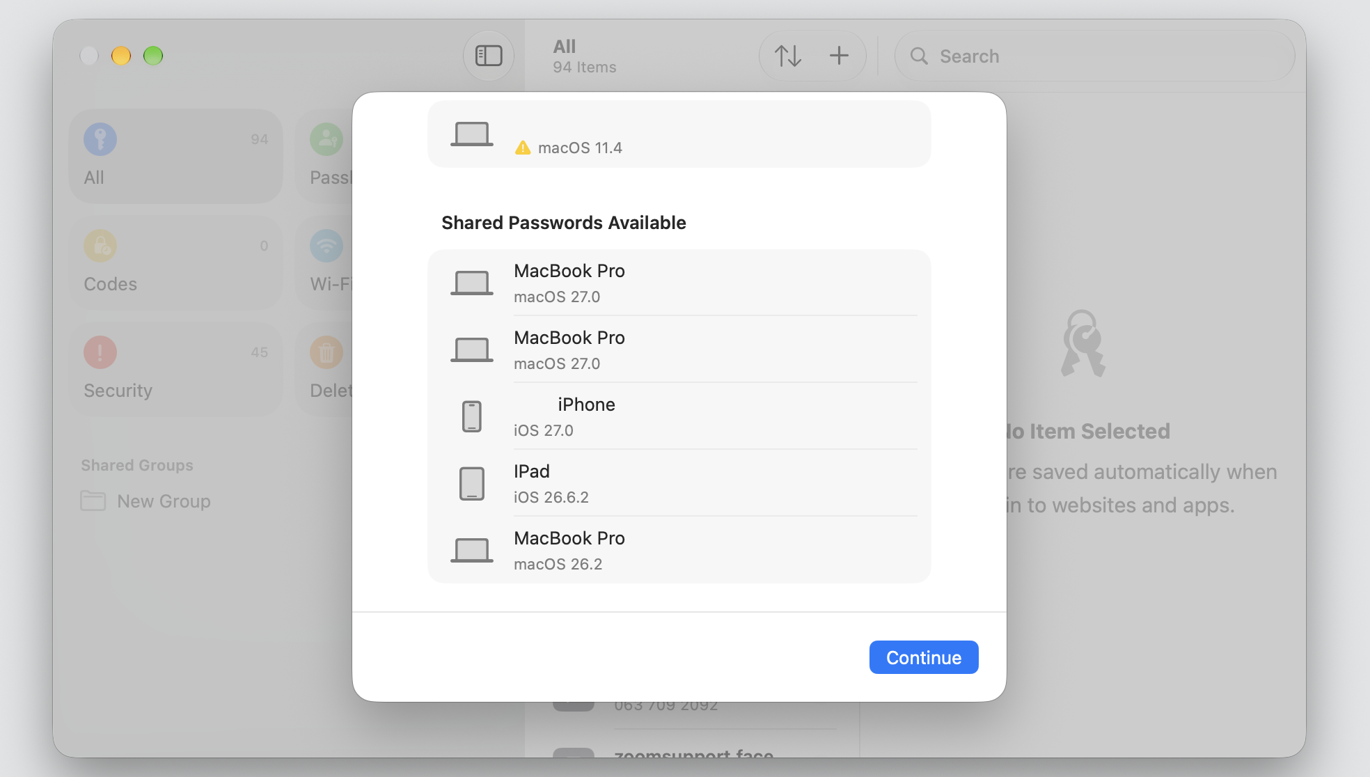 The Passwords app on macOS reviewing group members before clicking Continue to finish the Shared Group for iCloud Keychain passwords.