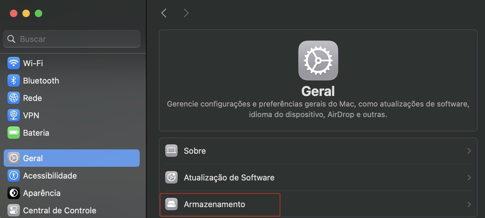 Na janela que aparece, clique em Geral e na aba Armazenamento.