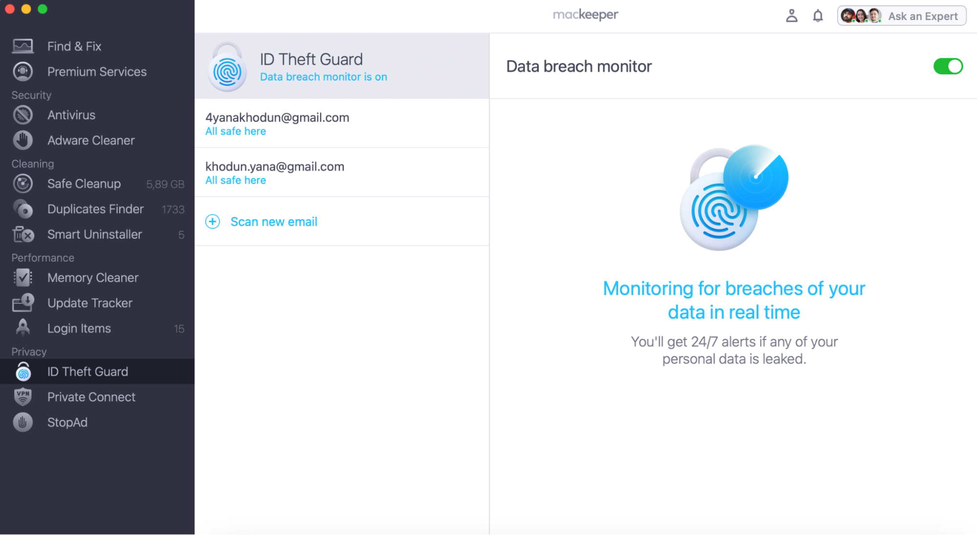 MacKeeper app open on a MacBook running macOS Sonoma with ID Theft Guard selected and the Activate data breach monitor button highlighted for safety.