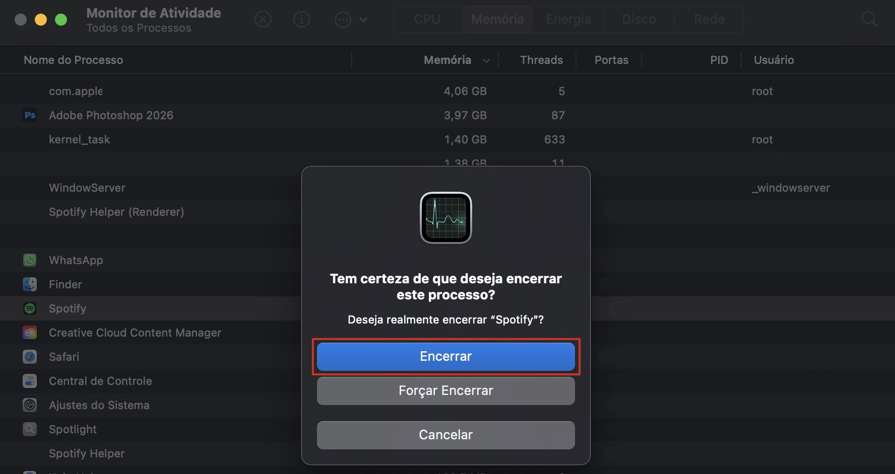 Uma janela pop-up aparecerá e pedirá que você confirme sua decisão. Quando isso acontecer, clique em Encerrar. Depois disso, você pode fechar o Monitor de Atividade.
