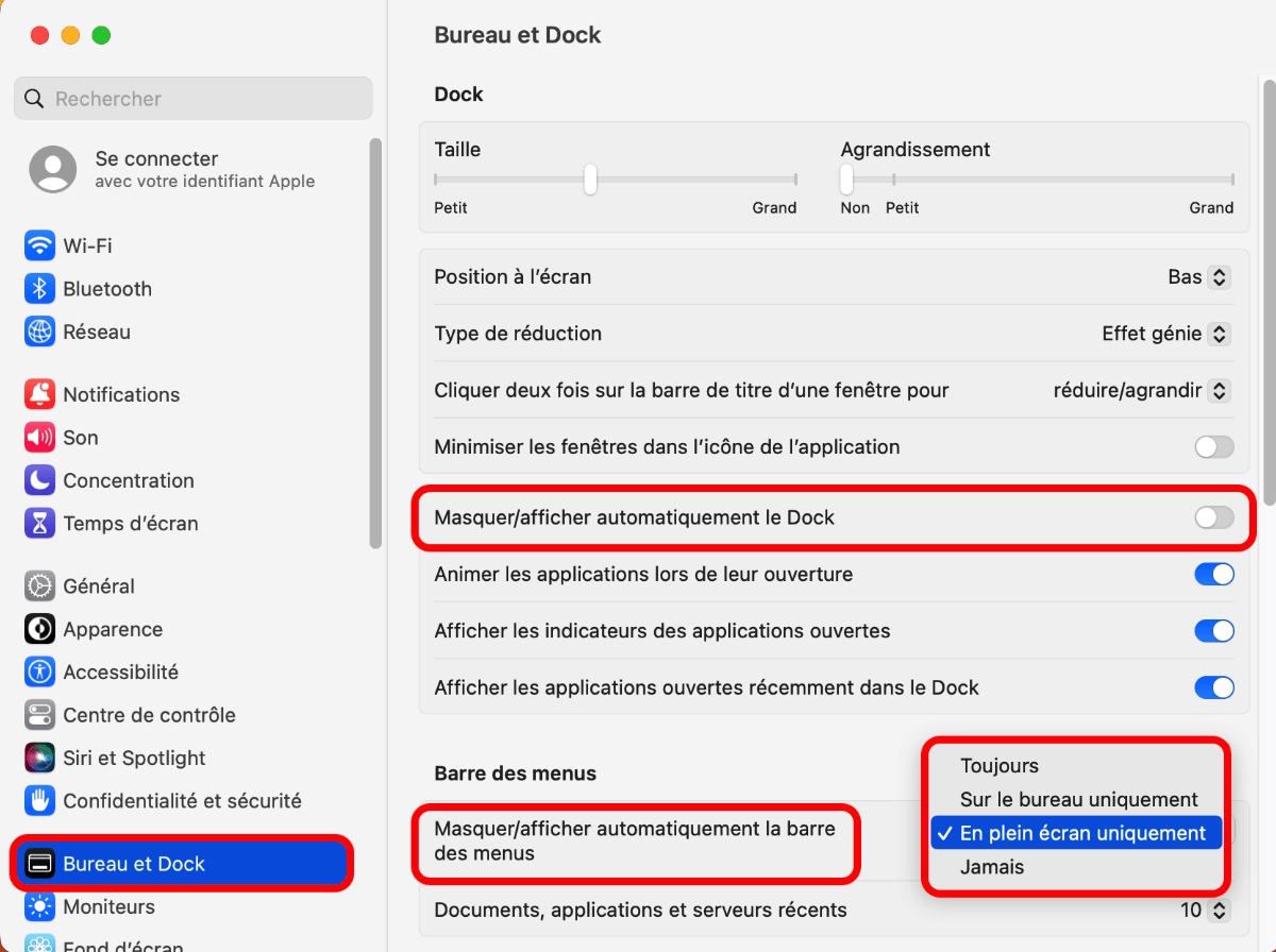 Un Dock et une barre des menus disparus peuvent aussi être restaurés. Pour ce faire, désélectionnez l’option Masquer/afficher automatiquement le Dock, et faites dérouler la fenêtre pour désélectionner aussi Masquer/afficher automatiquement la barre des menus.