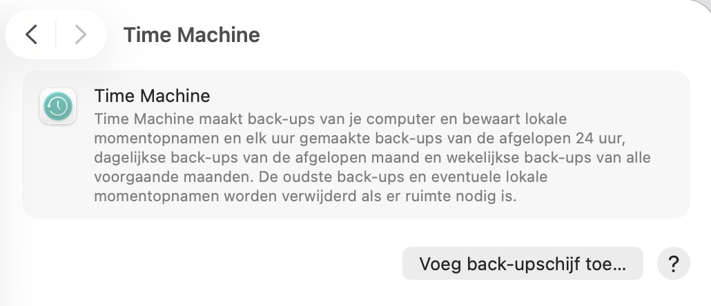 Je kunt nu op de knop Selecteer reservekopieschijf klikken als je een opslagapparaat hebt aangesloten waarop je je back-upbestanden en -mappen wilt opslaan. Zorg er anders eerst voor dat er een opslagapparaat is aangesloten voordat je het in Time Machine kunt selecteren.