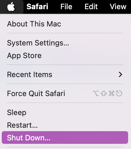 To safely enter macOS Recovery Mode, with an Apple Silicon model, begin by Shutting down your device.