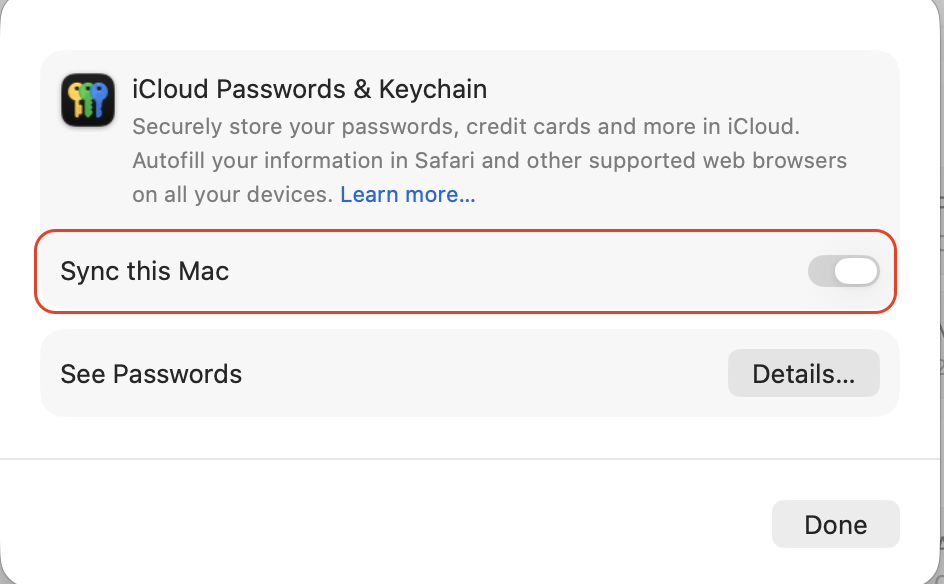 The Passwords panel in iCloud settings on macOS Sequoia, turning on the Sync this Mac option to enable iCloud Keychain on your Apple laptop.