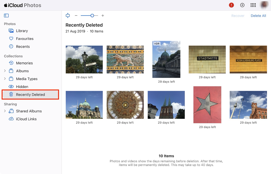 To recover deleted photos from your iCloud account, go to the Recently Deleted album in the sidebar.
