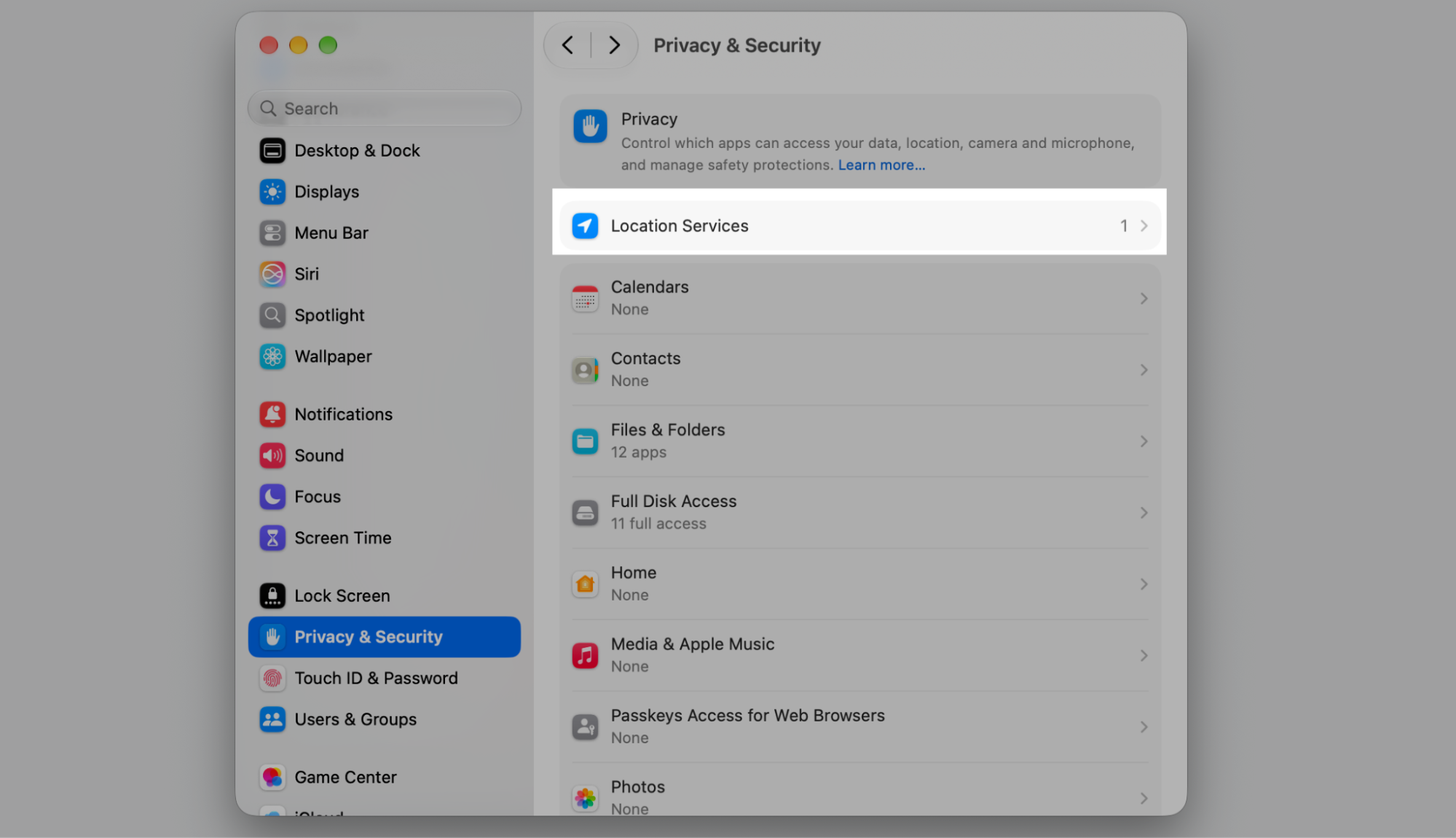 Privacy & Security tab in macOS System Settings with Location Services highlighted at the top of the privacy permissions list on your Mac.