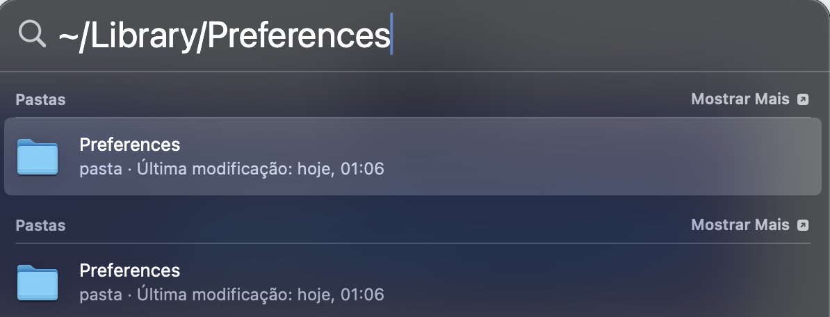 Redefina os arquivos com uma lista de propriedades do mouse. Digite ~/Library/Preferences na caixa de texto e clique em Ir. Isso abrirá a sua pasta de preferências.
