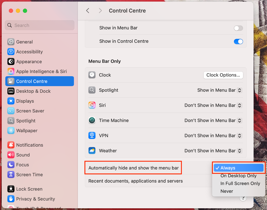To adjust the visibility of your Mac’s menu bar, find the Automatically hide and show the menu bar option, then select Always from the list.