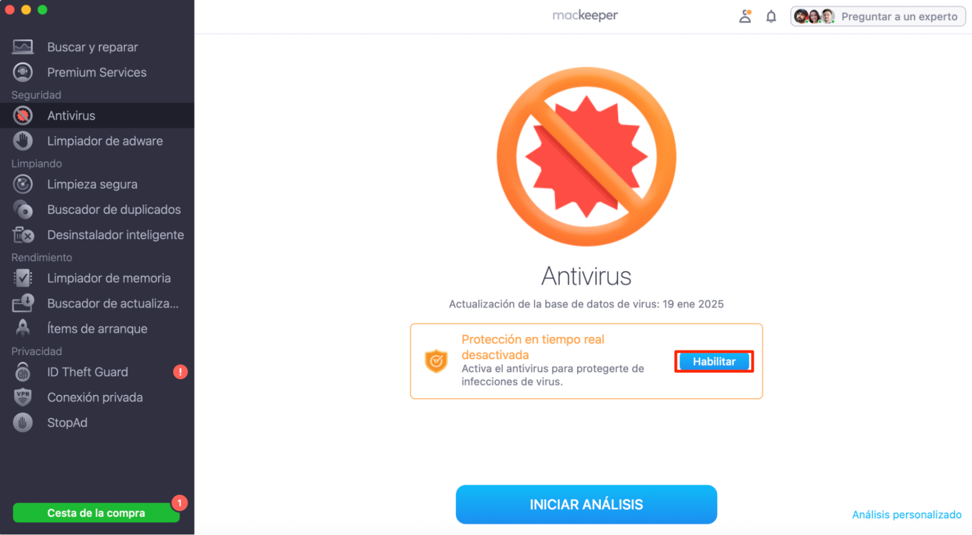 El Antivirus de MacKeeper. El botón Habilitar está resaltado para activar la protección antivirus en tiempo real. Parte de una guía sobre cómo eliminar las ventanas emergentes falsas de McAfee en Mac.