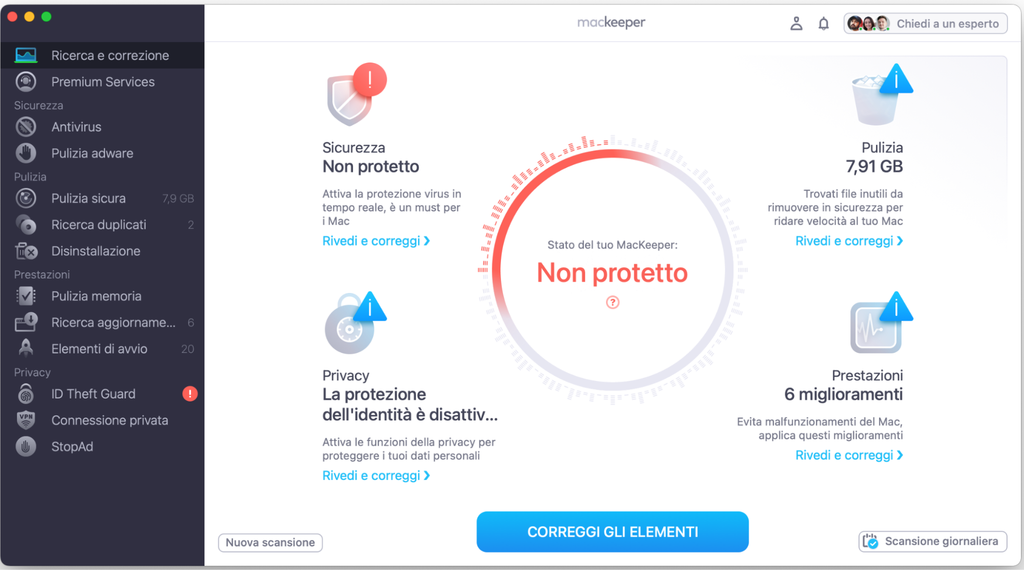 Un modo più semplice per ripristinare le icone nascoste del desktop su un Mac è usare lo strumento Ricerca e Correzione di MacKeeper. Quando la scansione è terminata, clicca su Correggi gli elementi nella schermata principale e goditi un Mac ottimizzato.