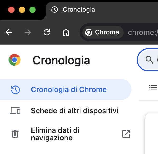 Google Chrome su Mac mostra la sezione Cronologia. Fate clic su Cancella dati di navigazione per eliminare tutti i file di cache di Chrome.