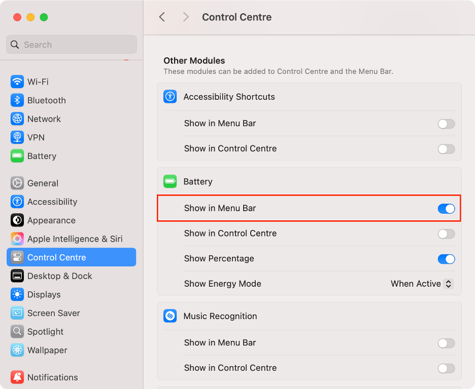 To customize what items appear on your Mac’s menu bar, adjust other settings under the Other Modules section.