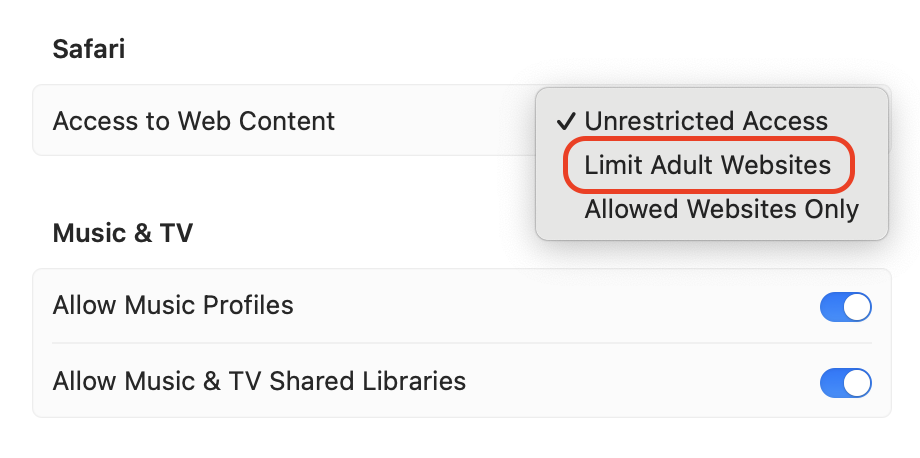 Set Access to Web Content to Limit Adult Websites, then click Customize to open the Allowed and Restricted lists where you add specific sites.