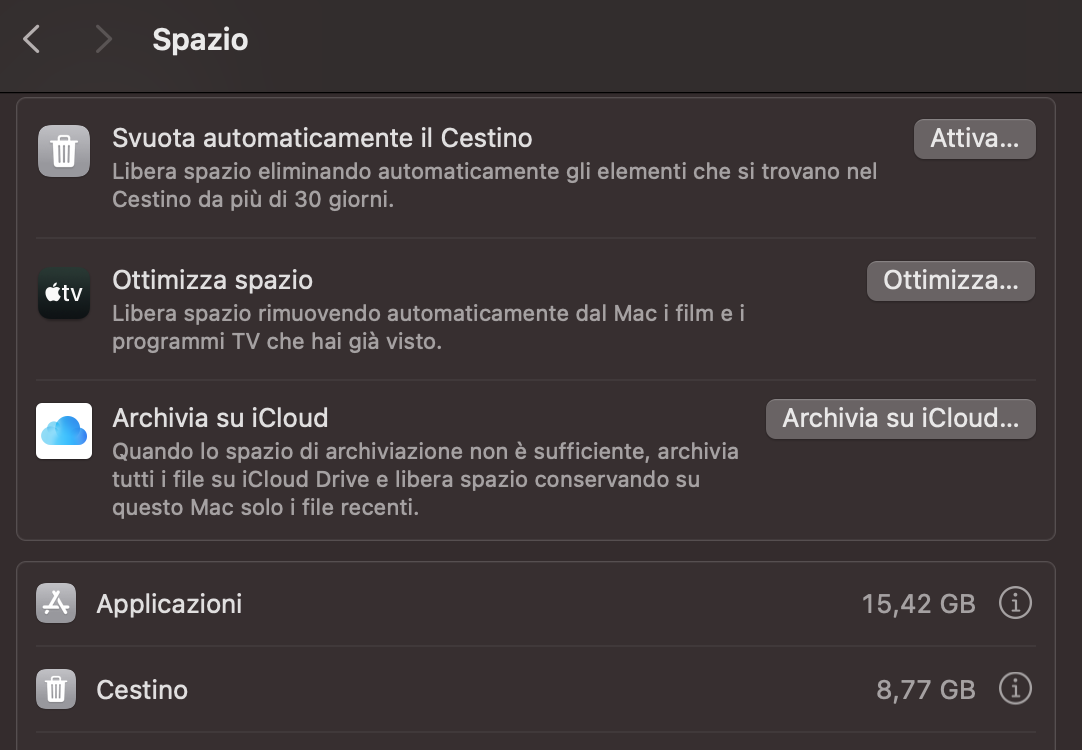 Quando si apre la sezione Spazio di archiviazione, scorri tra le varie categorie e rimuovi tutto ciò di cui non hai più bisogno. Tocca l’icona delle informazioni accanto a ciascun processo.