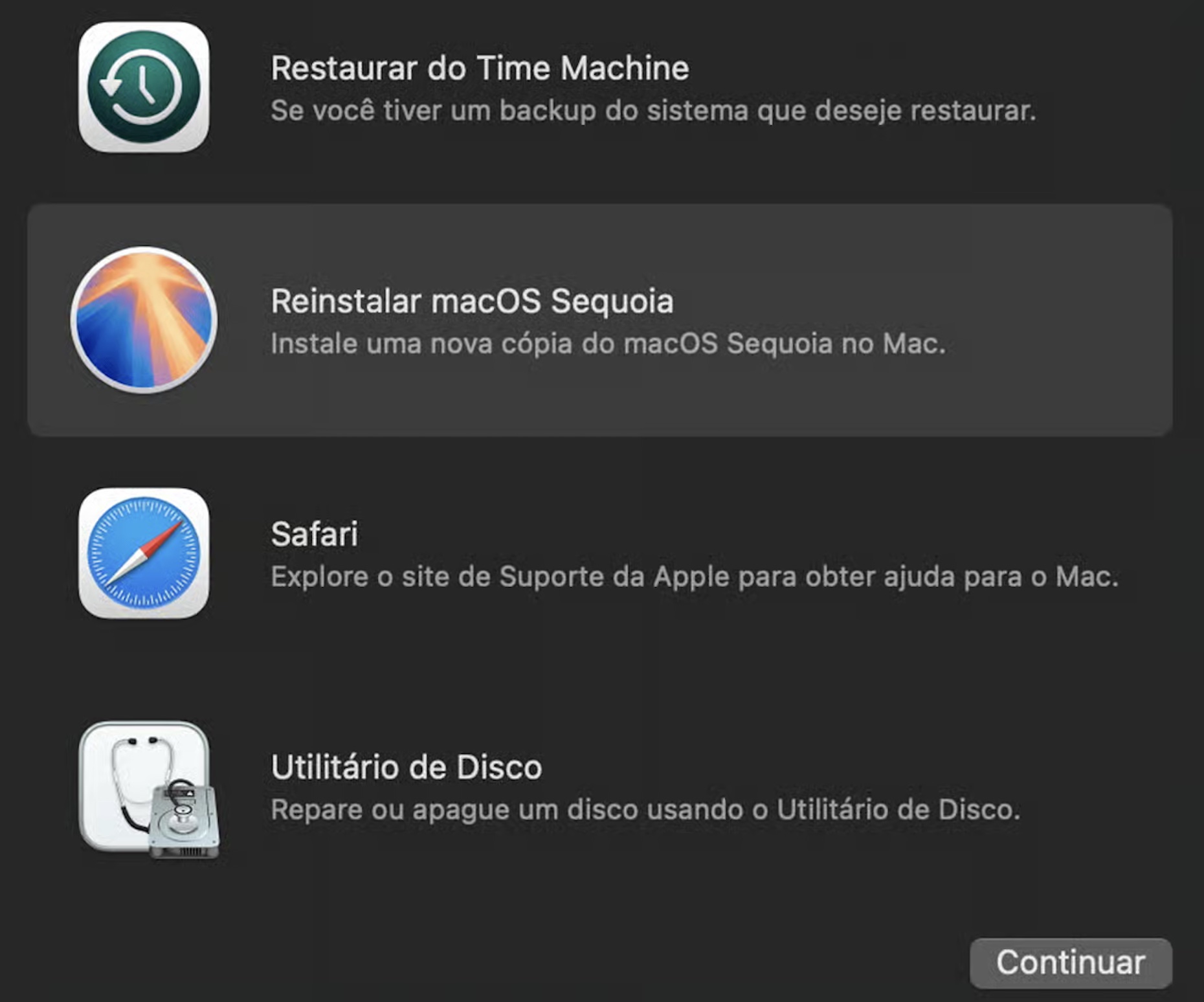 Selecione seu disco e execute o Reparador. Na tela do Modo de Recuperação, clique para abrir o Utilitário de Disco. Se não conseguir vê-lo, vá em Utilitários > Utilitário de Disco na barra de menu.