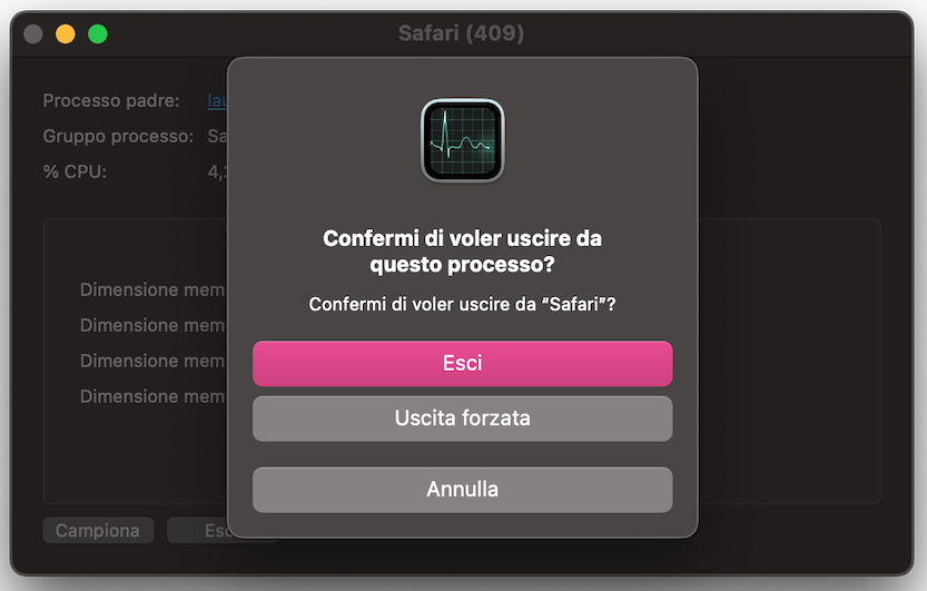 Clicca su Esci nella finestra pop-up per confermare la chiusura del processo.