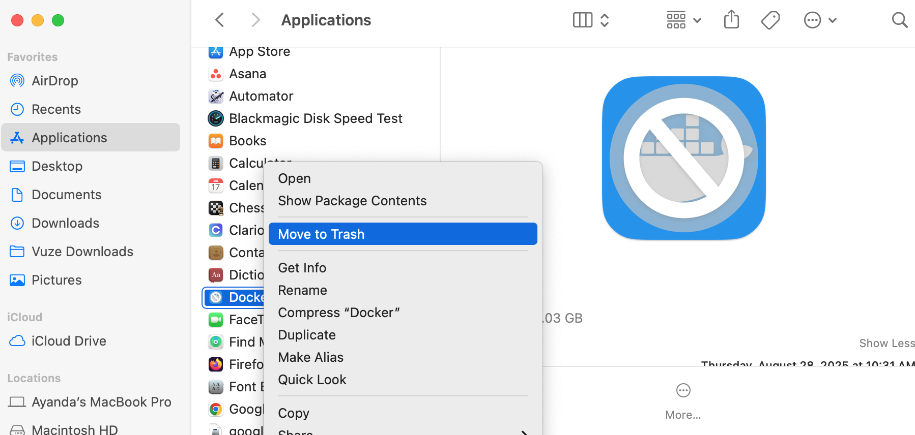 Mac’s Applications folder is opened in Finder. Right-click on Docker and select Move to Trash to manually uninstall Docker Desktop. Mac’s Applications folder is opened in Finder. Right-click on Docker and select Move to Trash to manually uninstall Docker Desktop.