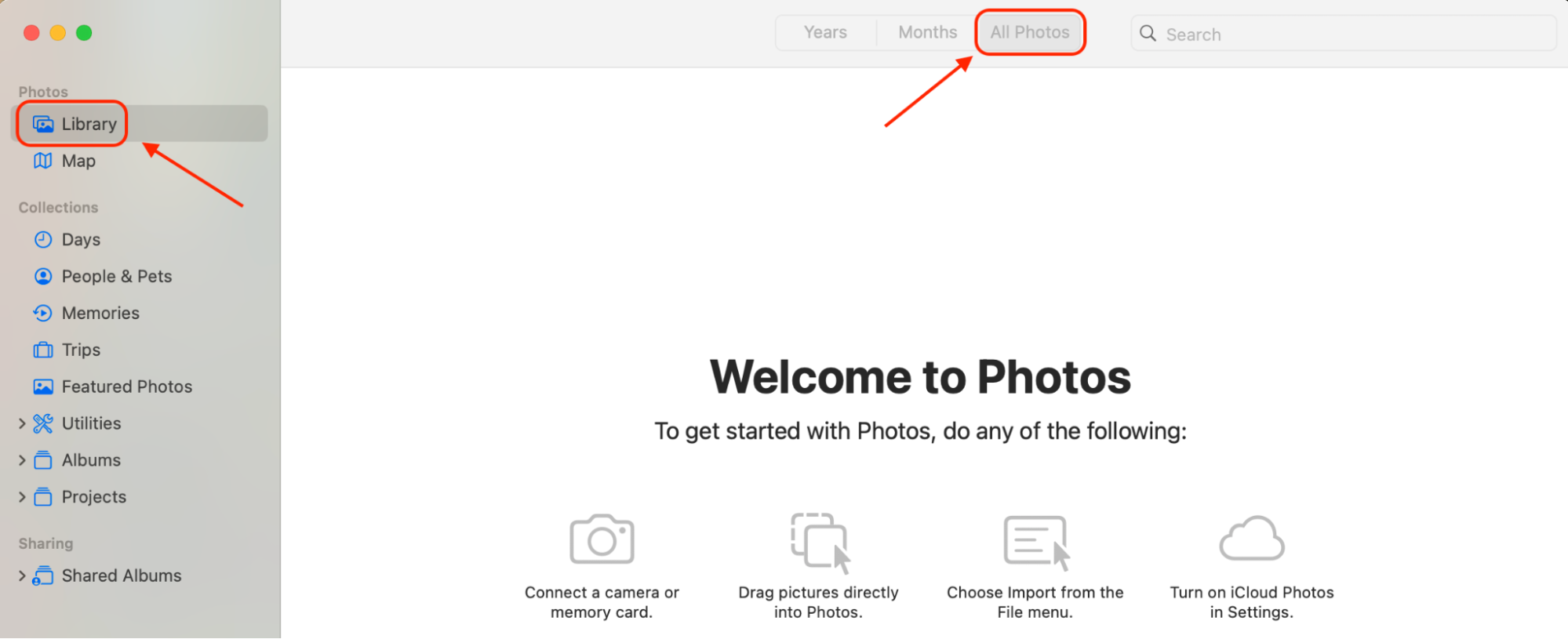 Open the Photos app, choose Library from the sidebar, then click All Photos to view your full collection and check iCloud syncing status.