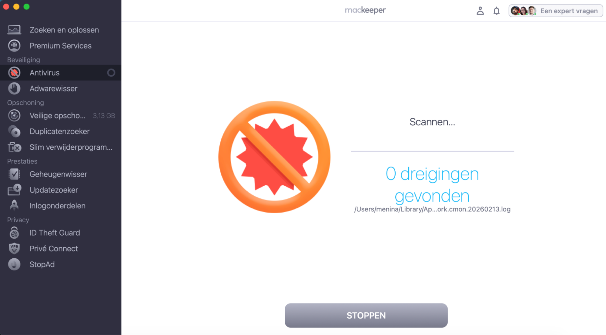 Het scanproces wordt uitgevoerd in de MacKeeper-app. Wacht tot het is voltooid; dit wordt aangegeven in de menubalk.